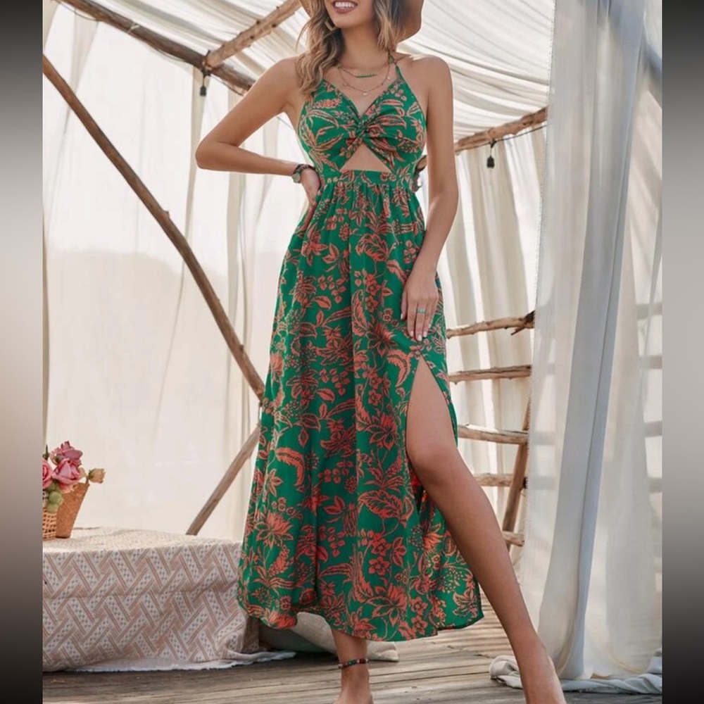 Boho floral print shirred cami maxi dress